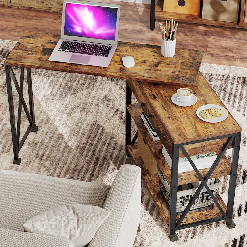 Moasis Rotating Wheeled Sofa Side Table with Drawer 2-Tier Storage Shelves