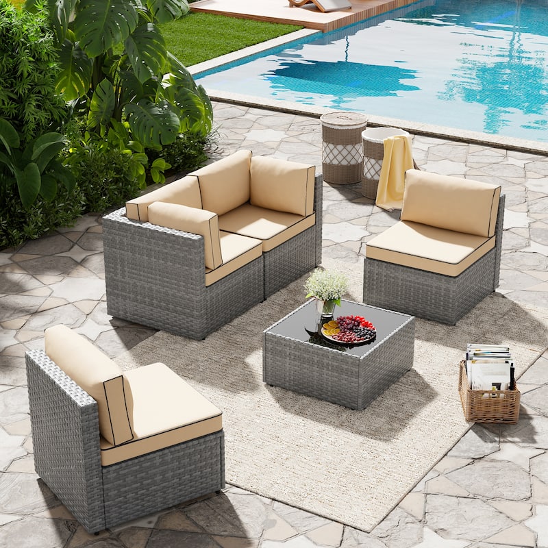 Outdoor 5-Piece Wicker Sectional Sofa Set with Table.