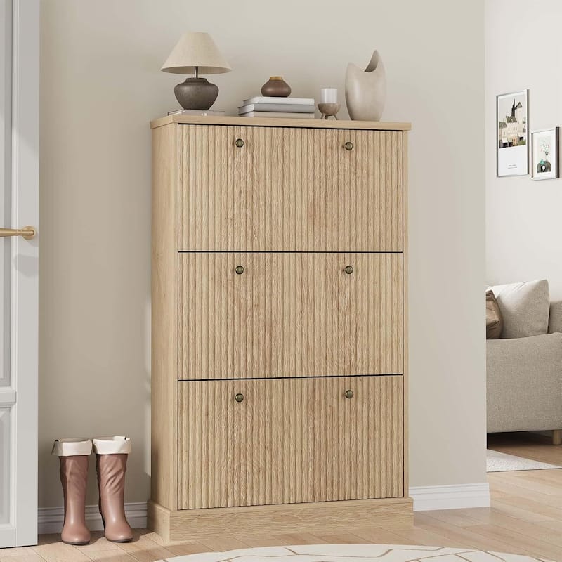 Freestanding Fluted Shoe Cabinet Organizer for Entryway, Hallway, Living Room with 3 Flip Drawers