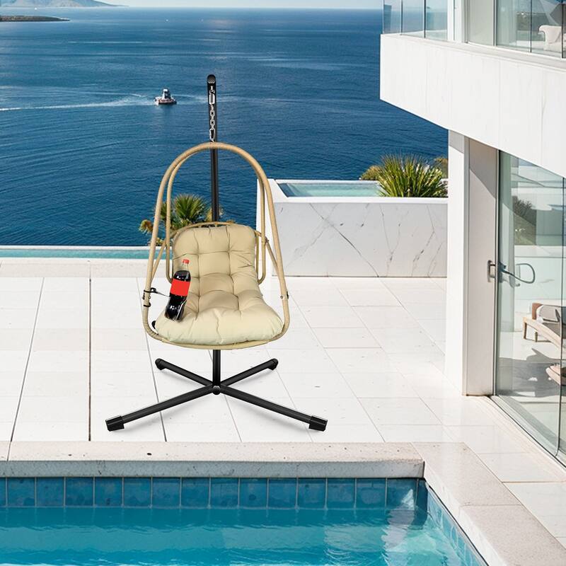 Swing Egg Chair with Stand and Cup Holder, Basket Hanging Chair with Cushion & Pillow Patio Wicker Hanging Chair - Beige