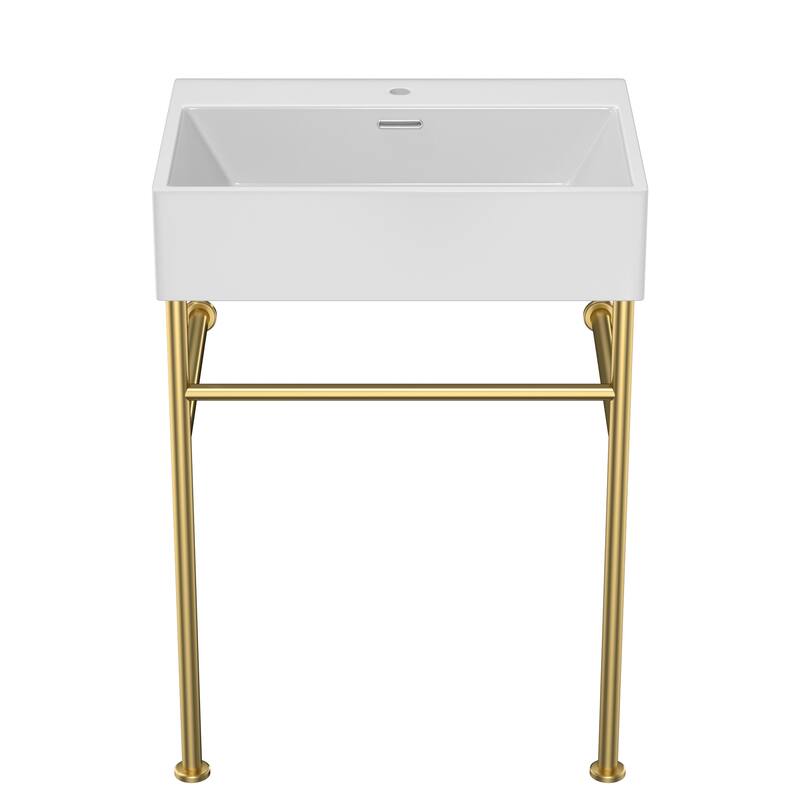 24" White Console Sink with 304 Stainless Steel Support Legs, Porcelain Bathroom Sink with Overflow Drain, Easy Installation