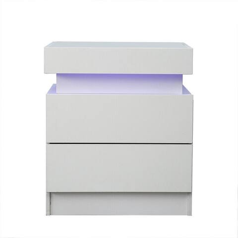 Modern Bedroom Nightstand w/ 2 Drawer High Gloss W/LED Light