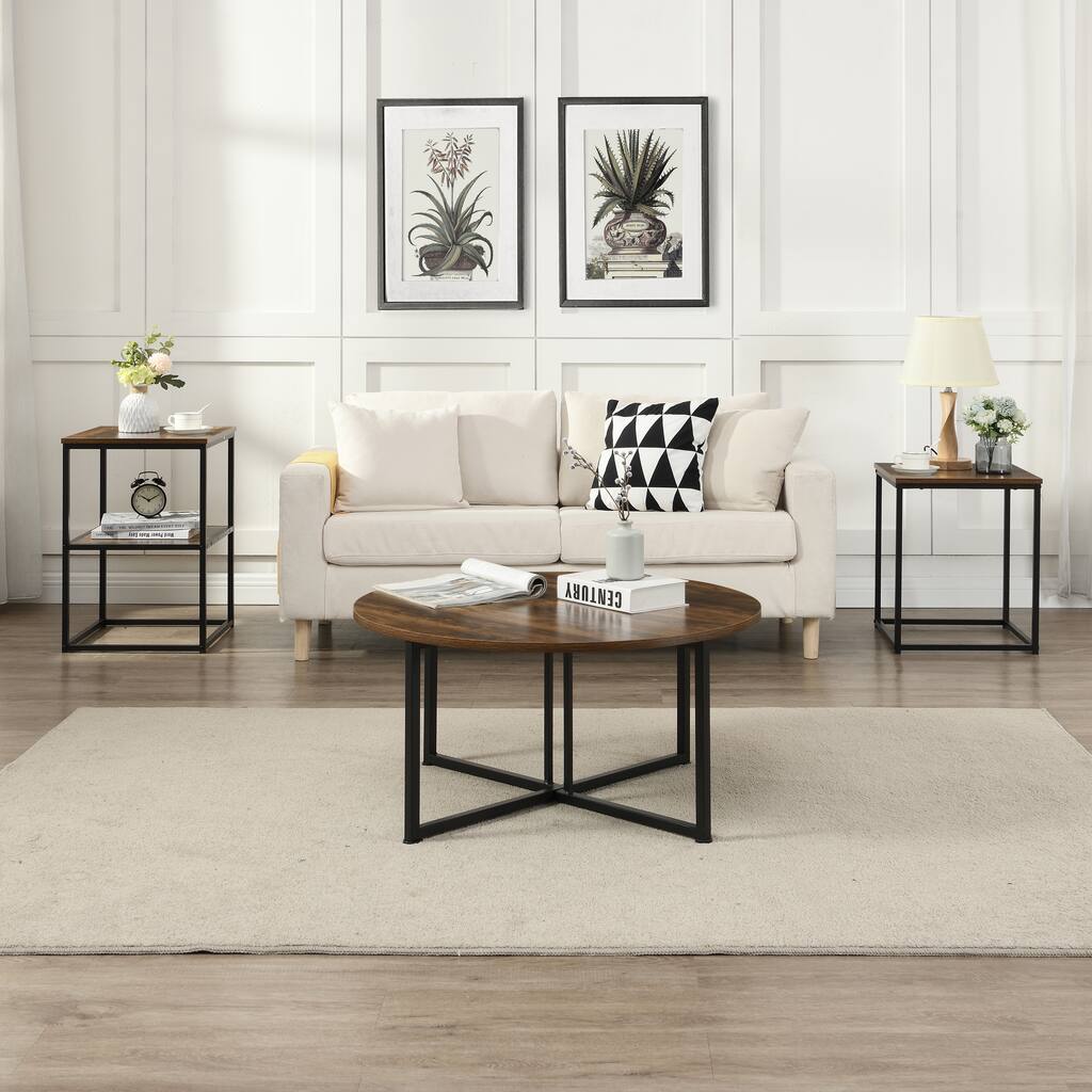 Myhozm 3-piece Round Coffee and Side Table Set with Open Shelves