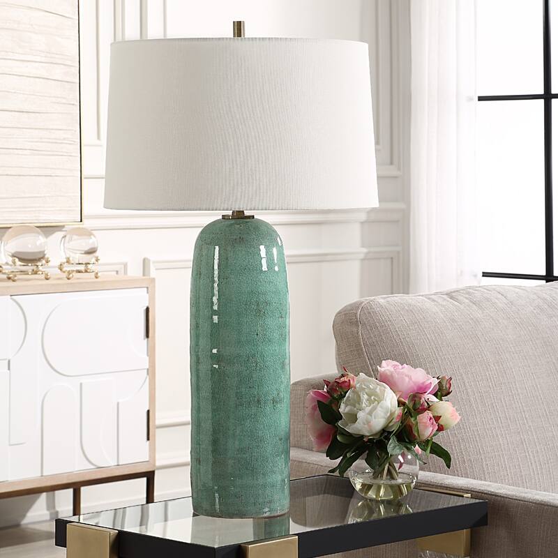 Crackled Ceramic Table Lamp with Tapered Drum Shade - 30.25" - Teal Green