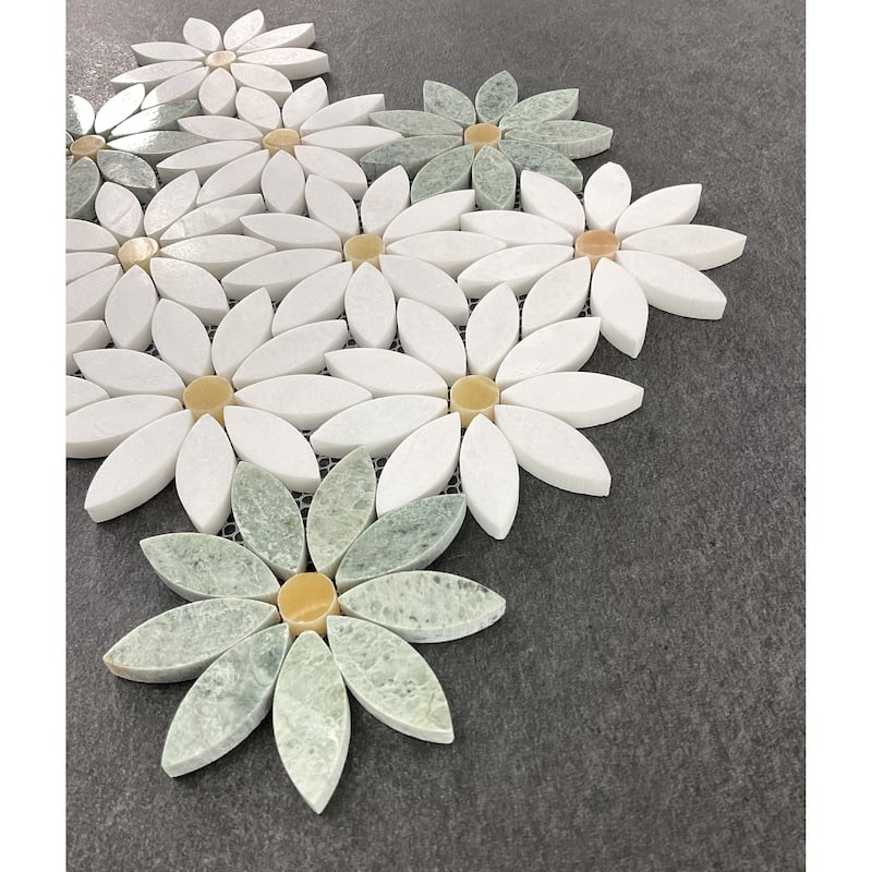 Natural Marble Daisy Flower Pattern Mosaic Wall & Floor Tile - 1 Case (10 Sheets)