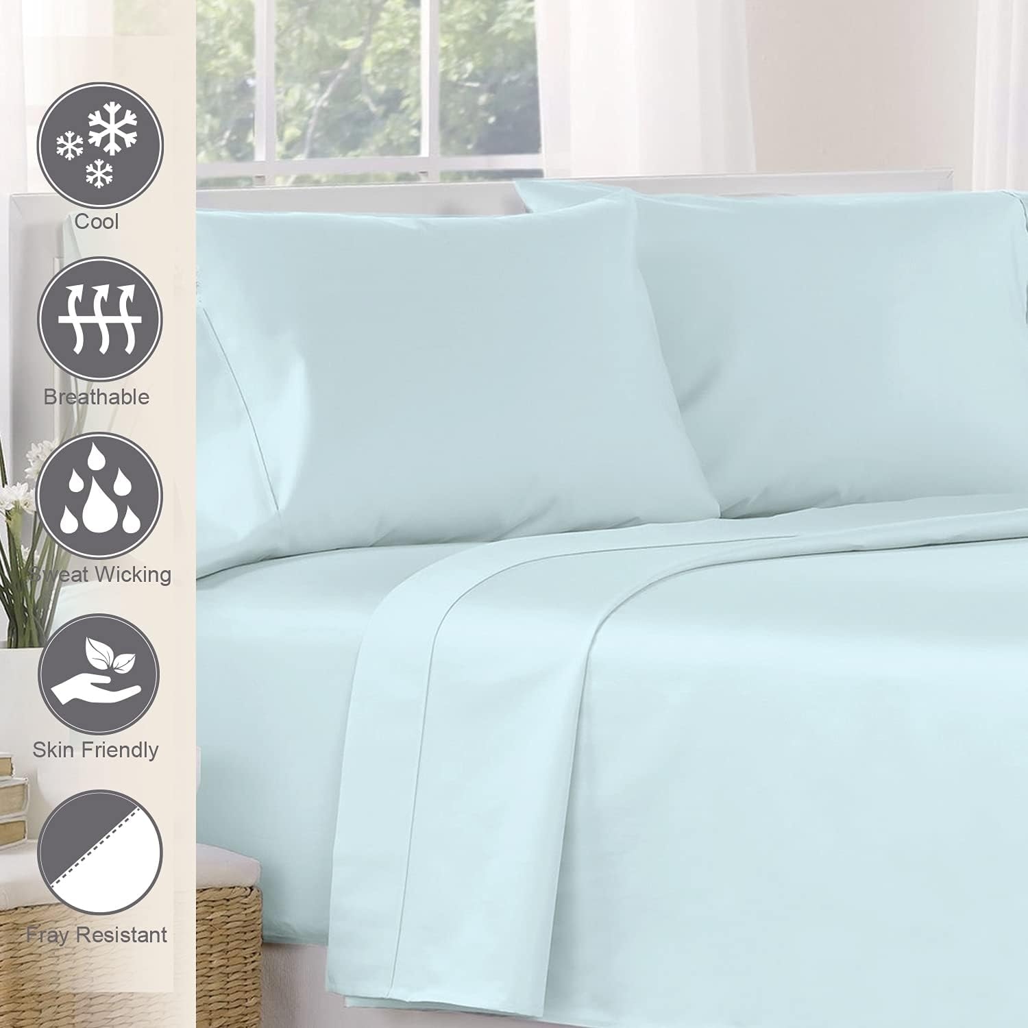 Lavish Touch 100% Cotton Flat Sheets Only Queen Baby Blue (1 PC), Luxurious 400 Thread Count Staple Cotton Sateen with 4inch Hem