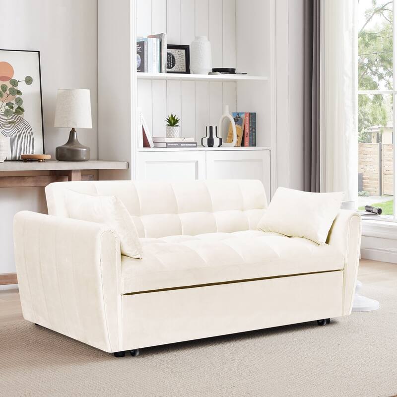 64.9" 3-in-1 Convertible Velvet Double Futon Sofa Bed with 2 Pillows