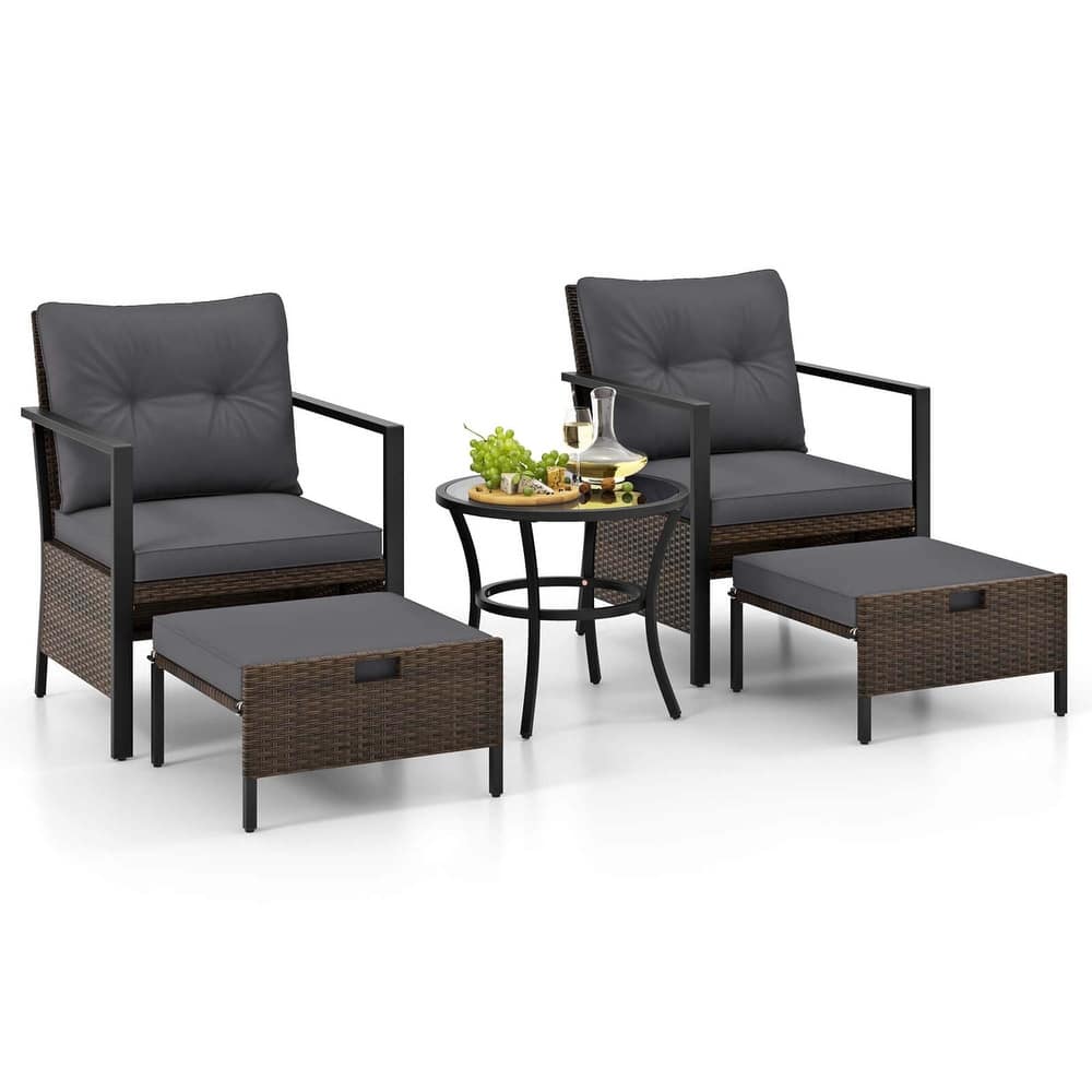 Gymax Set of 5 Furniture Set Rattan Chairs & Ottomans w/ Glass Topped