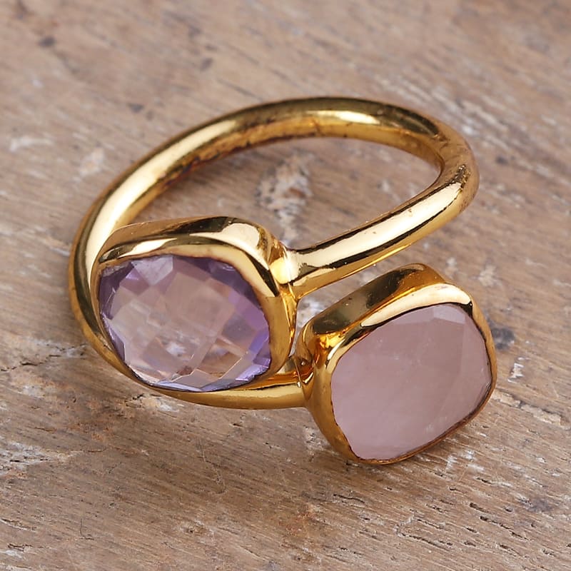 Novica Handmade Duet Of Emotions Gold-Plated Amethyst And Rose Quartz Wrap Ring