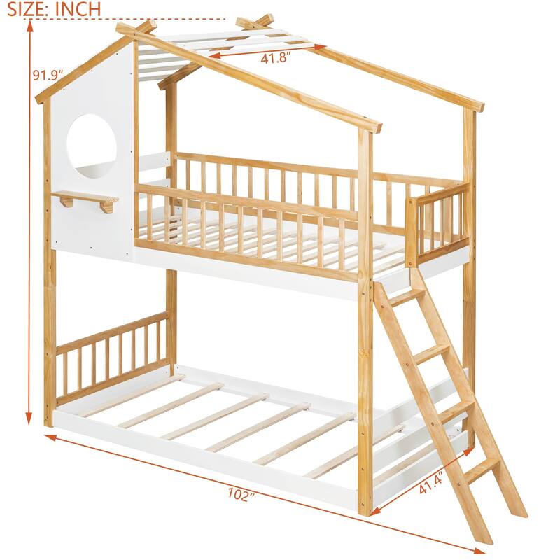 Kids Playhouse Twin Over Twin Bunk Bed Wood Loft Bed Frame with Roof, Window, Shelf, Ladder and Guardrails for Boys, Girls