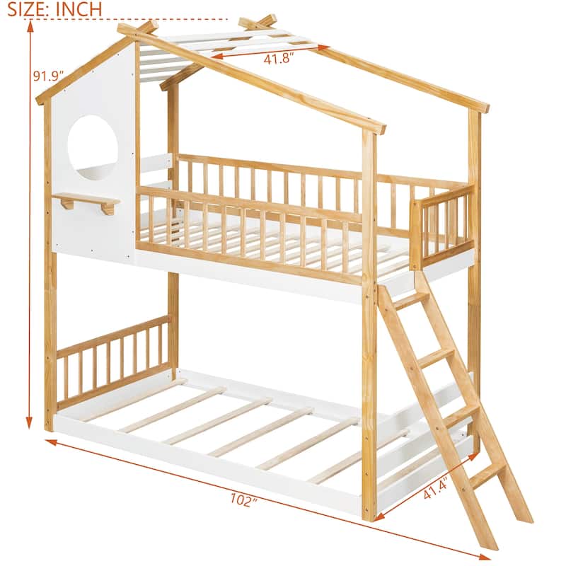 Twin Over Twin Wooden Bunk Bed with Roof and Window, Playhouse Design, Ladder and Guardrails, Natural Finish