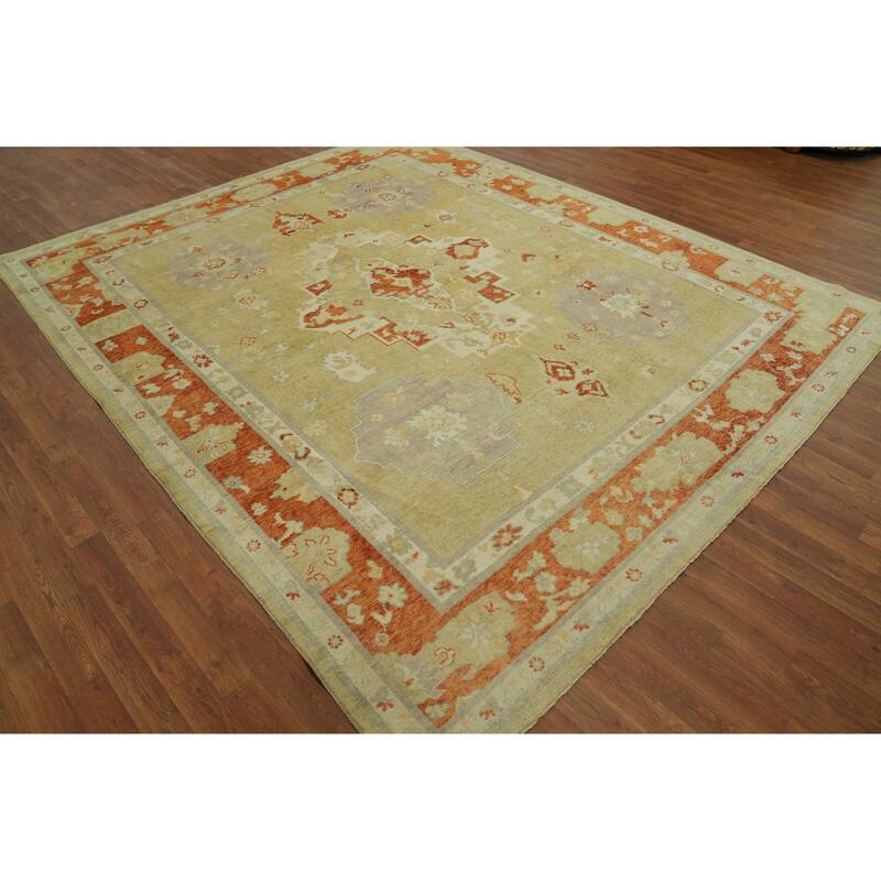 Vegetable Dye Wool Oushak Turkish Area Rug, Floral Geometric Carpet - 10' 0'' X 8' 4''