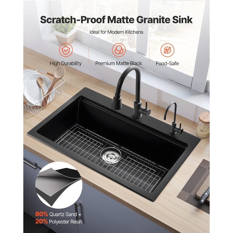 33" Top-Mount Black Kitchen Sink Granite Single Bowl with Roll-Up Rack and Cutting Board - 33" x 22" x 10"