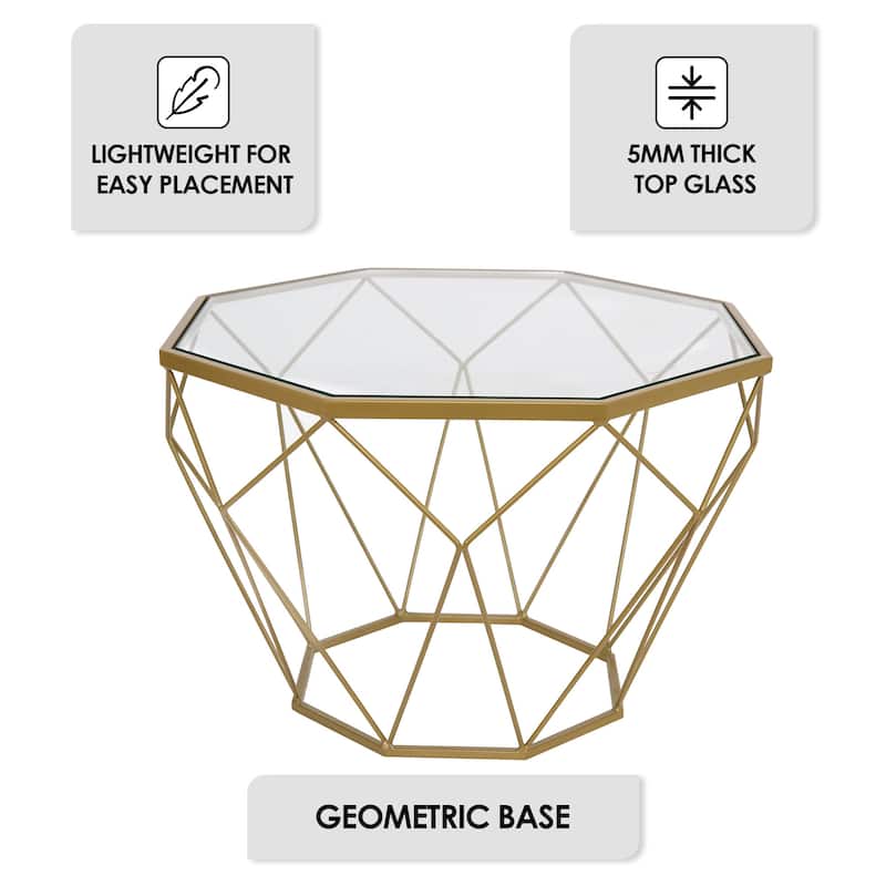 Malibu 22" Modern Octagon Center Coffee Table with Tempered Glass Table top & Sturdy Metal Geometric Base for Living Room Office