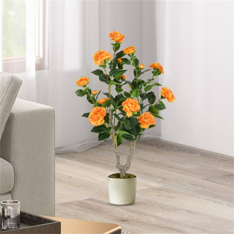 Set of 2 Artificial Camellia Trees 36 Inch Lifelike Indoor Decorative Plants with Cement Pots - 5" x 36"