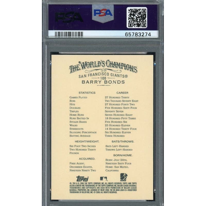 Barry Bonds 2006 Topps Allen & Ginter Baseball Card #100 Graded PSA 10 - 8'6" x 11'6"
