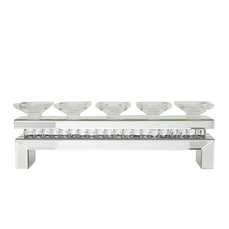 Wooden Pillar 5 Plate Candelabra with Mirrored Accents - Silver - Roche River Decor - 4"W x 20"L x 7"H