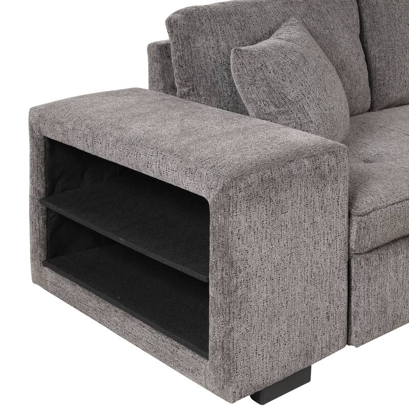 104" Modern L-Shape 3 Seat Reversible Sectional Couch, Pull Out Sleeper Sofa with Storage Chaise and 2 Stools