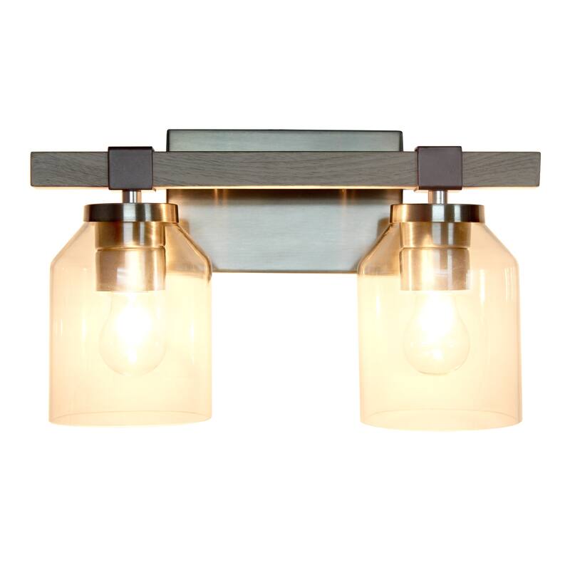 Two Light Vanity Light - Metal & Glass Shade Wall Sconce - Nickel & Black Finish - Bathroom, Hallway Decor - 6.5