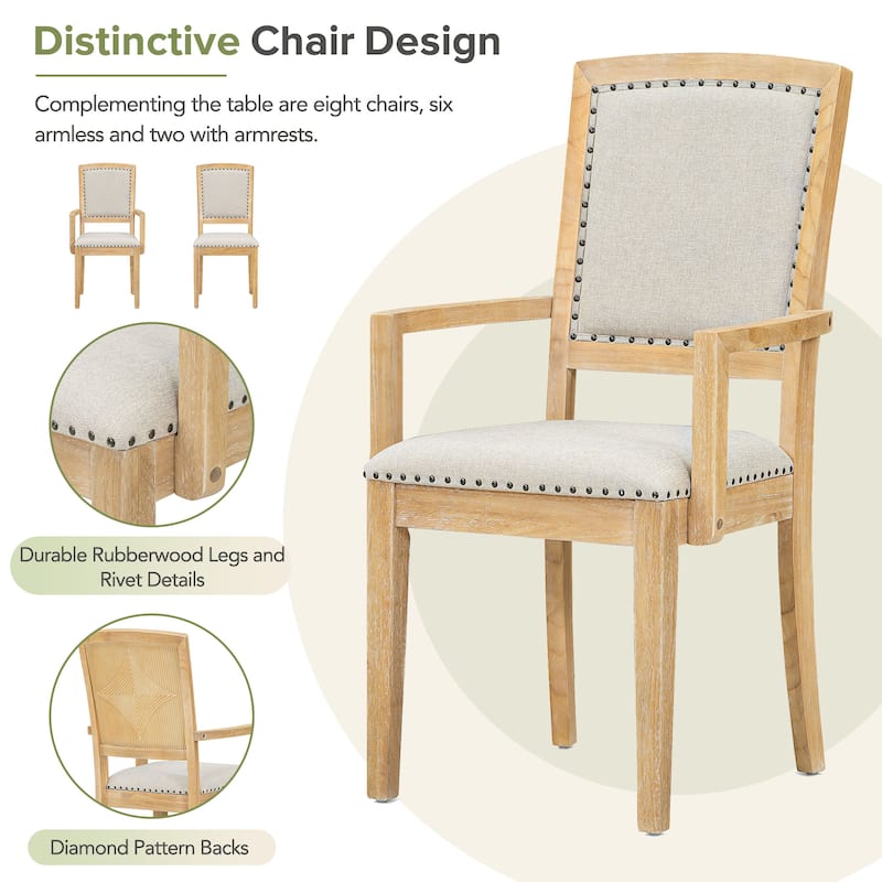 9 Pieces Extendable 84 inch Dining Table Set, 6 Upholstered Armless Dining Chairs and 2 Padded Arm Chairs