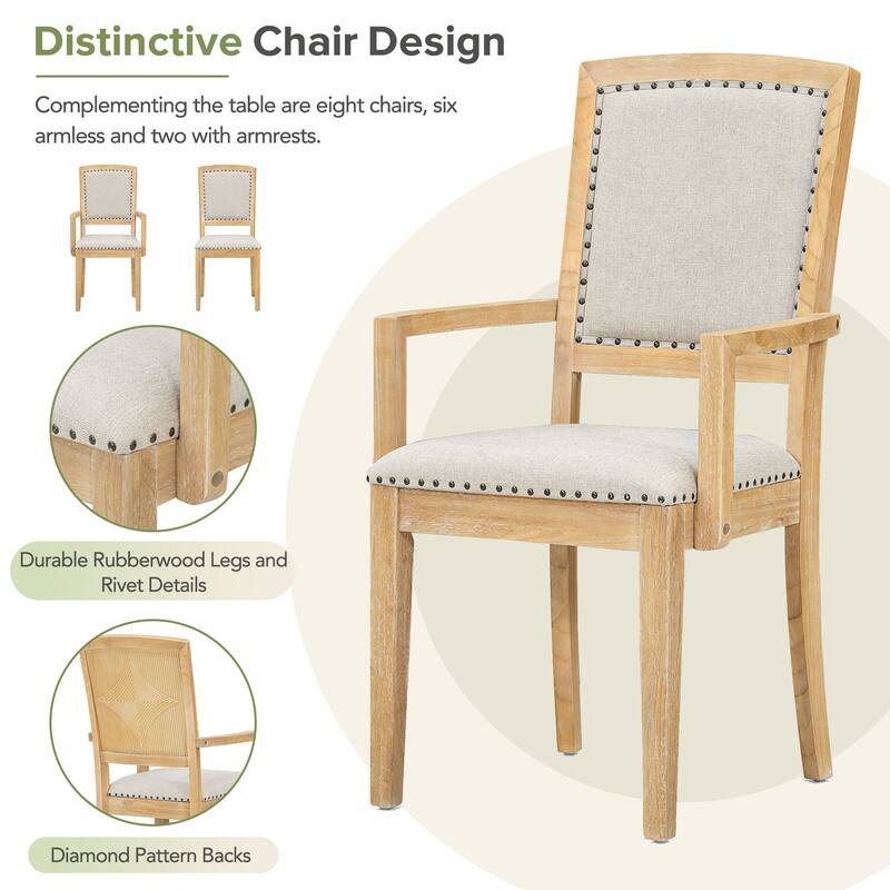 Vintage Kitchen Table and Chair Set, Dining Armchairs with Nailhead Trim, Extendable Dining Table with 6 Armless Chairs