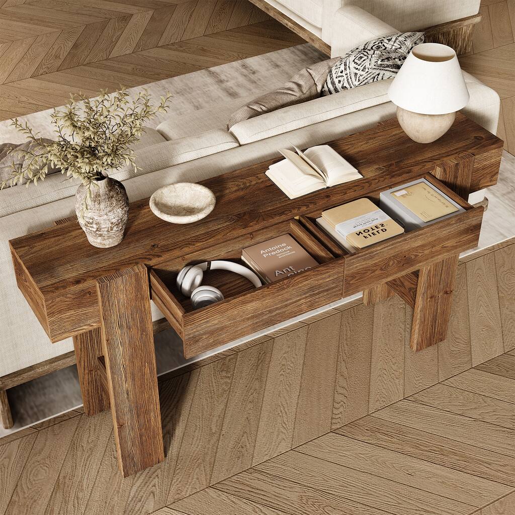 63" Long Solid Wood Console Table, Entryway Table with 2 Drawers, Sofa Table for Entrance, Hallway, Living Room