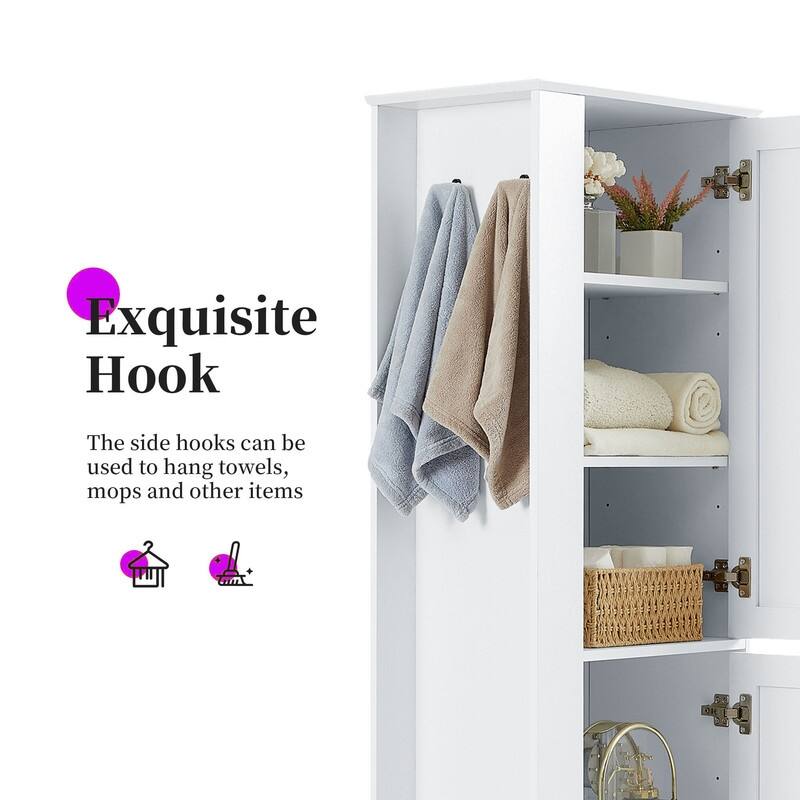 Kitchen Pantry Storage Cabinet with Hook, Freestanding Pantry Cupboard with Doors and Adjustable Shelves