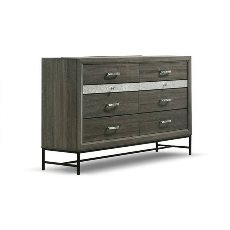 Lito Wide Dresser, 6 Drawers w 2 Jewelry Trays, Glam Silver, Gray