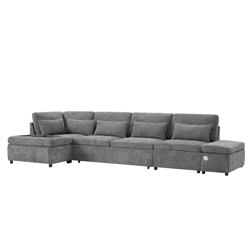 L-Shape Modular Chenille Sectional Sofa Convertible Sleeper Pull-out Sofa Bed with Dual-use Storage Ottoman and Charging Ports