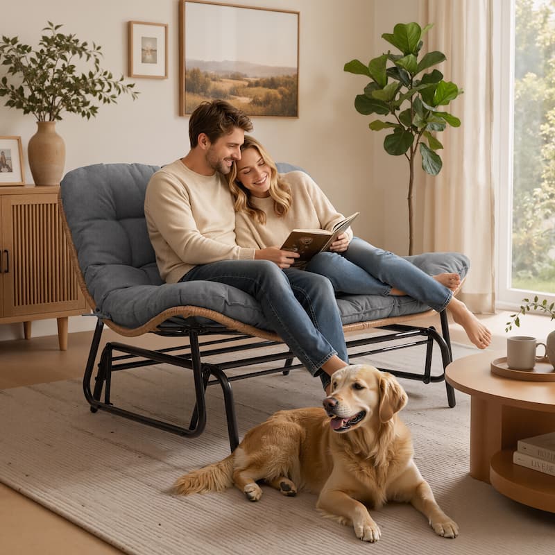 Oversized 2-Person Outdoor Glider Rocking Chair Bench Double Papasan Chair Loveseat with Cushion