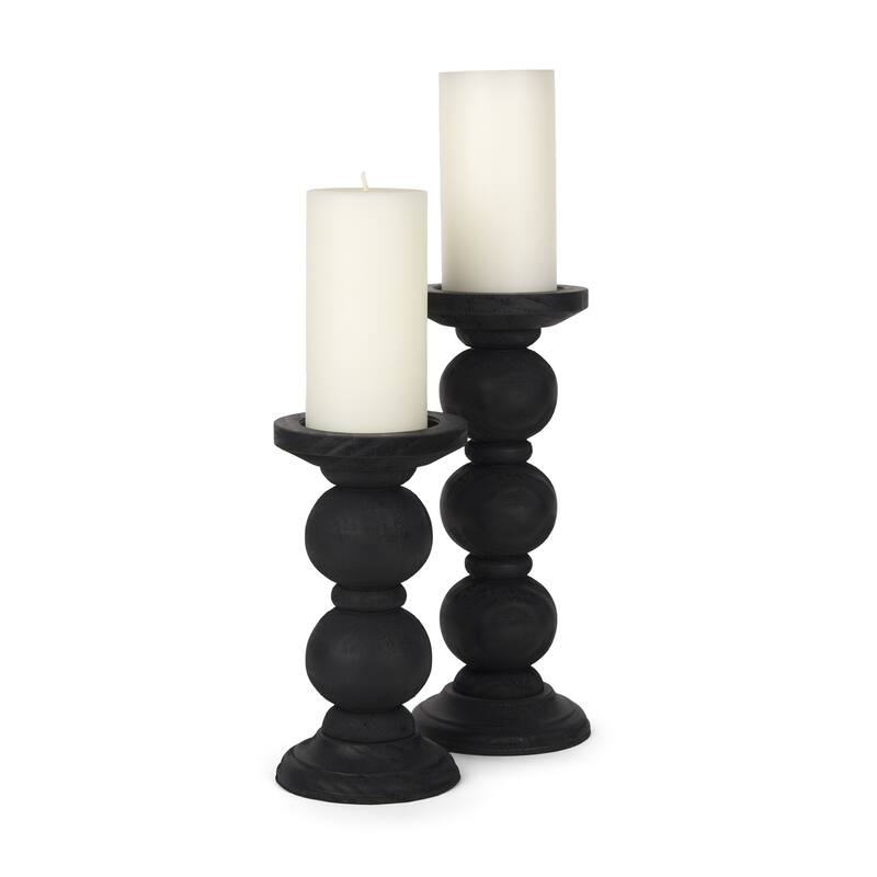 Wanda Matte Black Wood Pillar Candle Holders (Set of 2) - 4.8L x 4.8W x 11.5H - 4.8L x 4.8W x 11.5H - Black