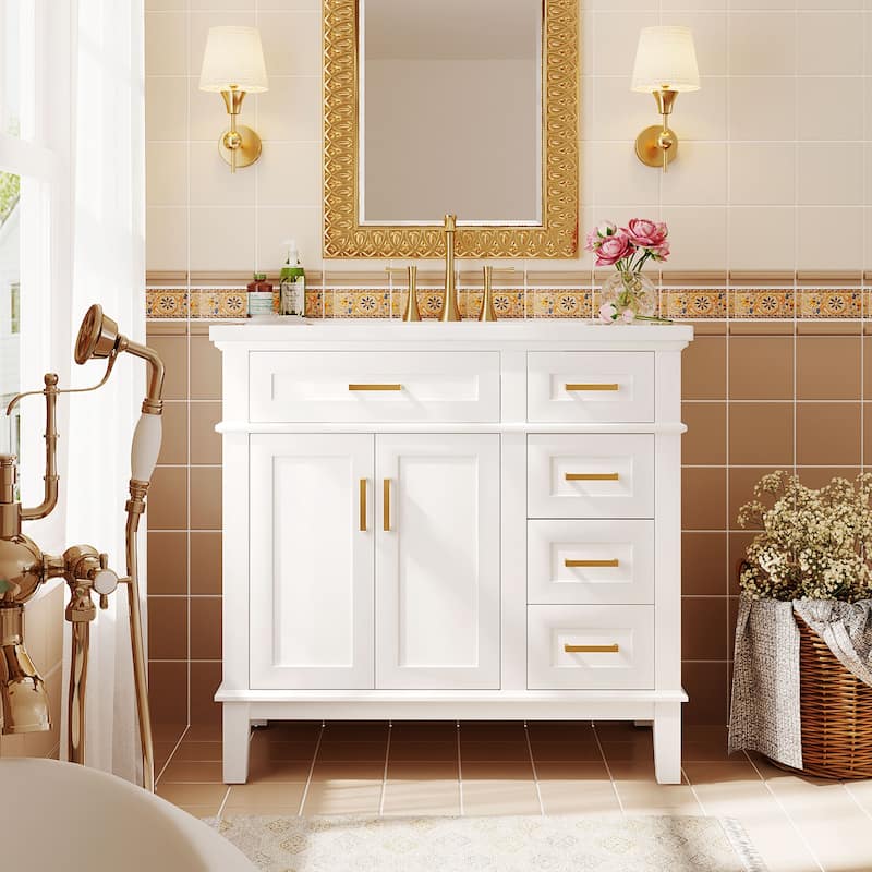 Modern Bathroom Vanity with Resin Sink, 2 Soft Close Doors and 4 Drawers