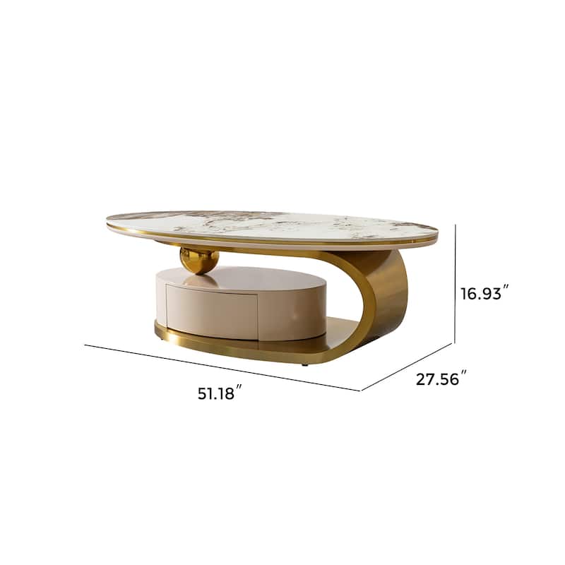 Modern Coffee Table, Sintered Stone Coffee Table with 2 Drawers and Stainless Steel Base, for Living Room