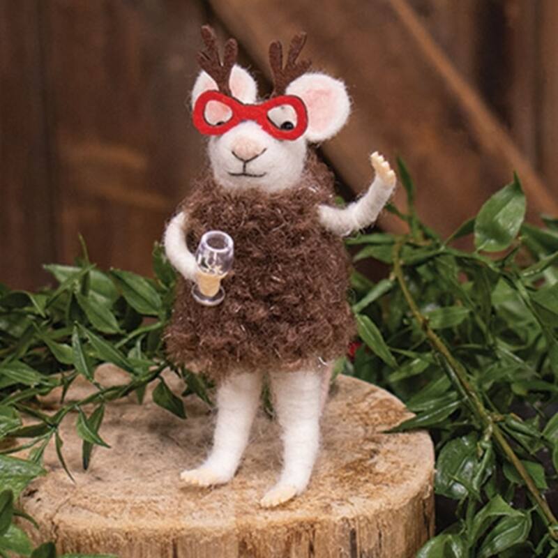 Reindeer Glasses Mouse Felted Ornament for Christmas Tree Decor - 5.5" x 3" x 2.25"