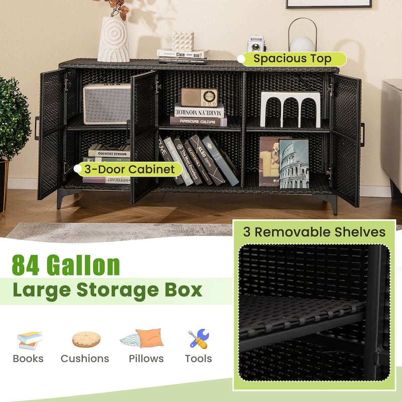 Costway 84 Gallon 3-Door Patio Wicker Storage Cabinet Deck Box with - See Details