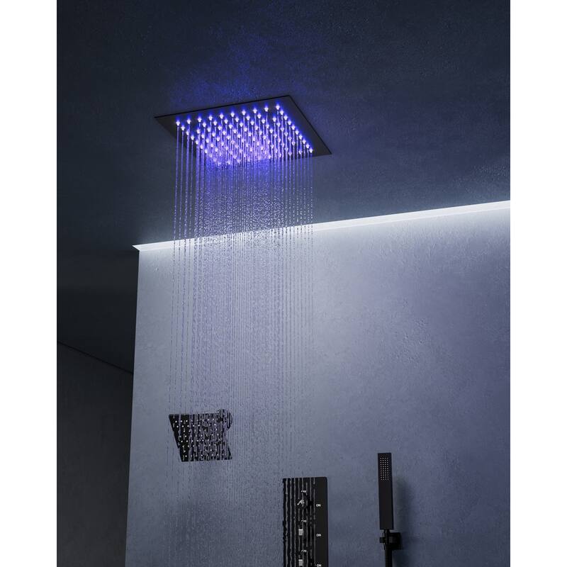 Dual LED Shower Head 12" Rainfall & 6" High Pressure Shower System w/ 4 Way Thermostatic Shower Faucet Set