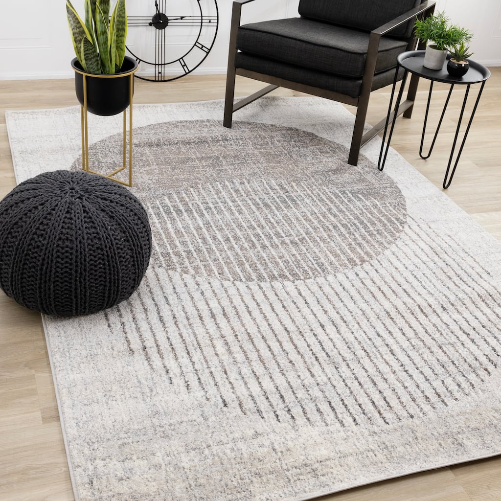 Solace Collection - Soft Low-Pile Grey White Merging Circles Area Rug