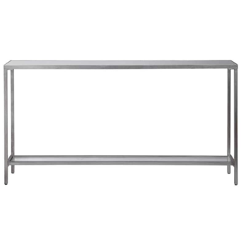 60" silver minimalist console table with a storage shelf