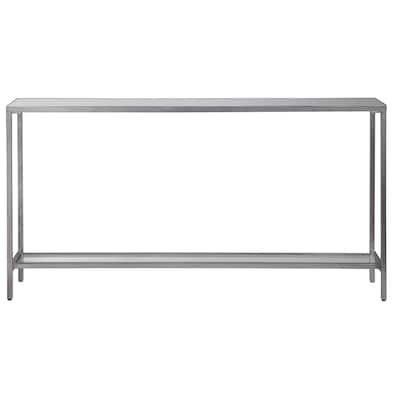 60" silver minimalist console table with a storage shelf