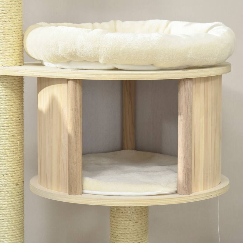 3-Level Cat Tree with Sisal Scratching Posts, Fun Cat Badminton Toy for Playing, Soft Cushions, & Play Areas - Natural
