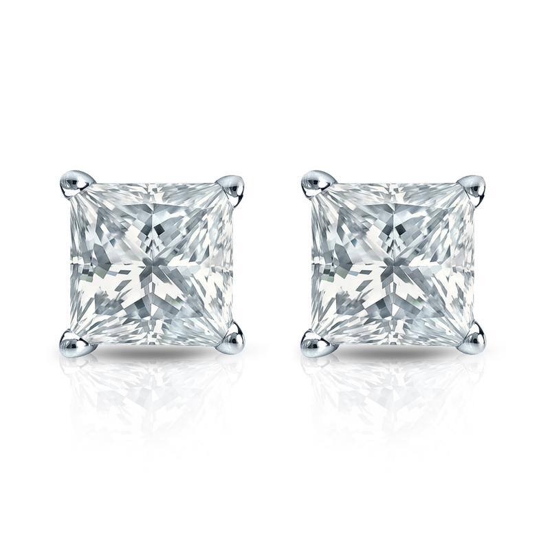 Auriya Plat Gold Lab Grown 1.25 carat TDW Princess Diamond Stud Earrings 4-Prong Basket Push-back