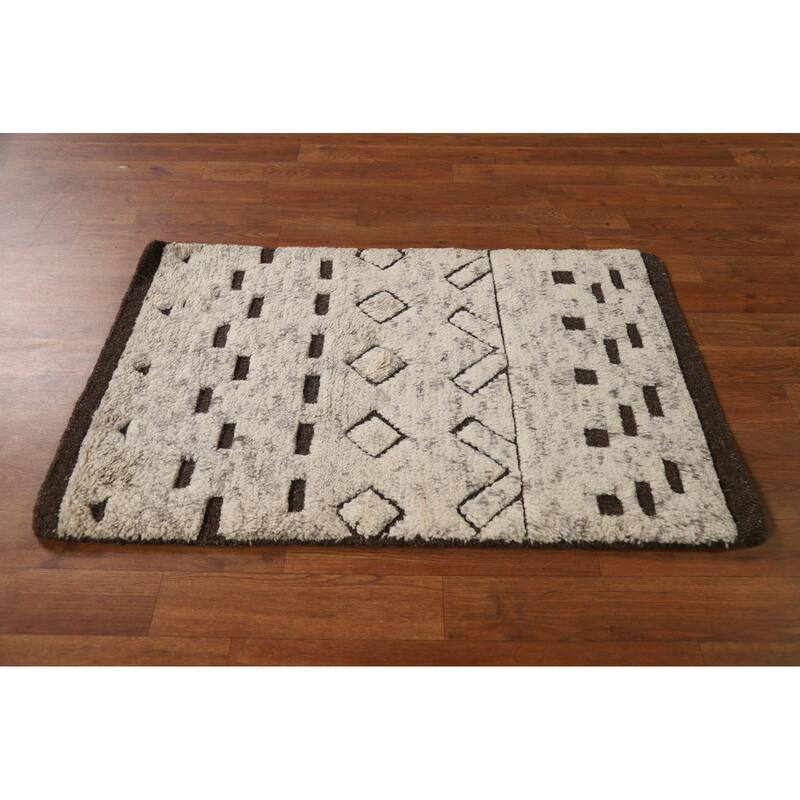 Ivory Moroccan Oriental Foyer Rug Handmade Wool Carpet - 2'0"x 3'0"