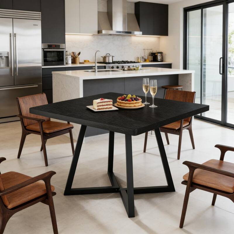 Modern Dining Table Coffee Table with X-Cross Base, Rustic Wood Kitchen Table with Metal Frame - Black