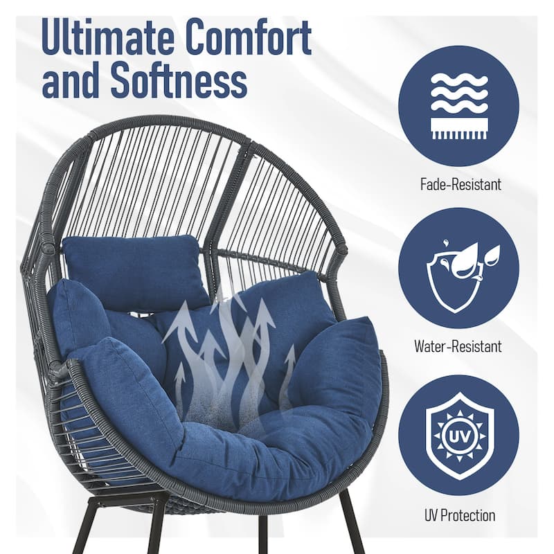 Outdoor Wicker Egg Chair with Ottoman Blue Cushion - Grey