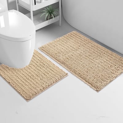 2 Piece Set Beige Soft Cozy Plush Chenille Bath Mat Bathroom Rug