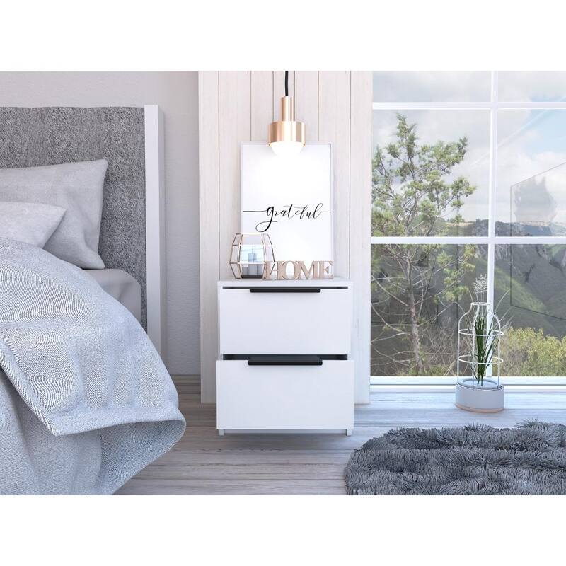 White Modern Nightstand with Two Drawers and Metal Hardware
