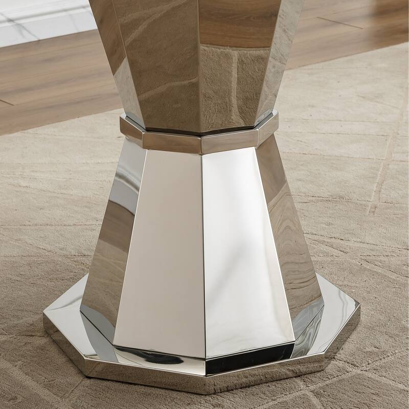 47" Round Dining Table with Faux Marble Tabletop and Stainless Steel Base - Silver+White