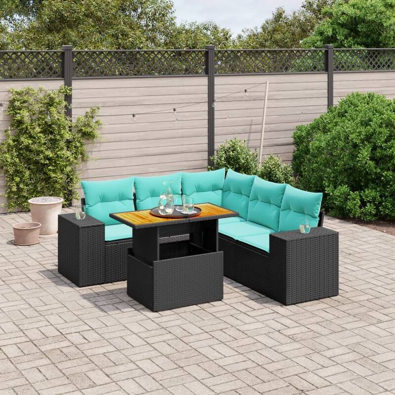 vidaXL Patio Sofa Set with Cushions Outdoor Furniture 6 Piece Poly Rattan - 24.4 x 24.4 x 27.2 - Black-corner+Table+2x middle