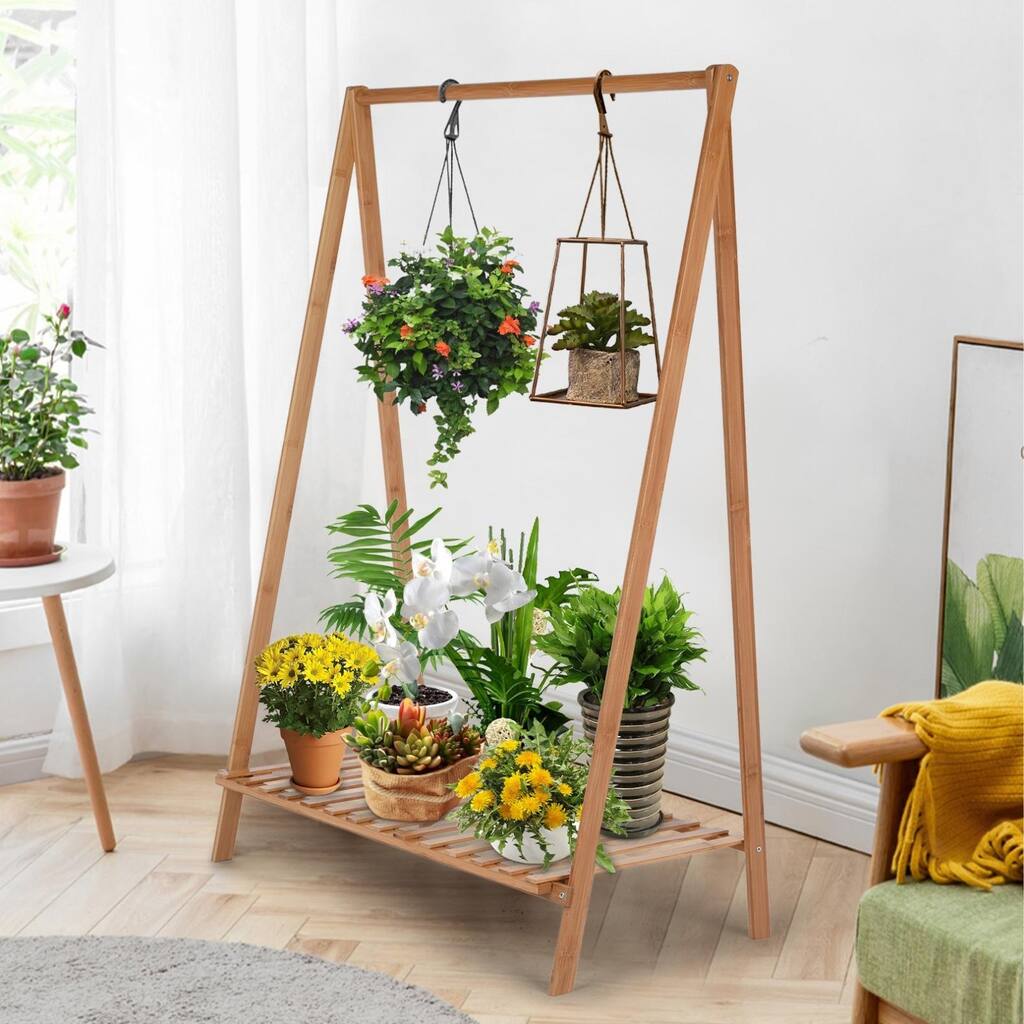 Bamboo Hanging Plant Stand Flower Pot Storage Rack Folding Display Shelving