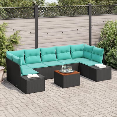 vidaXL 8 Piece Garden Sofa Set with Cushions Black Poly Rattan Acacia - 113.8×60.6×27.2